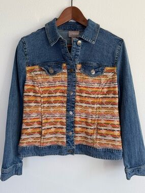Chico’s Cropped Denim Jacket Textured Boho Panel Size 0 Small Statement